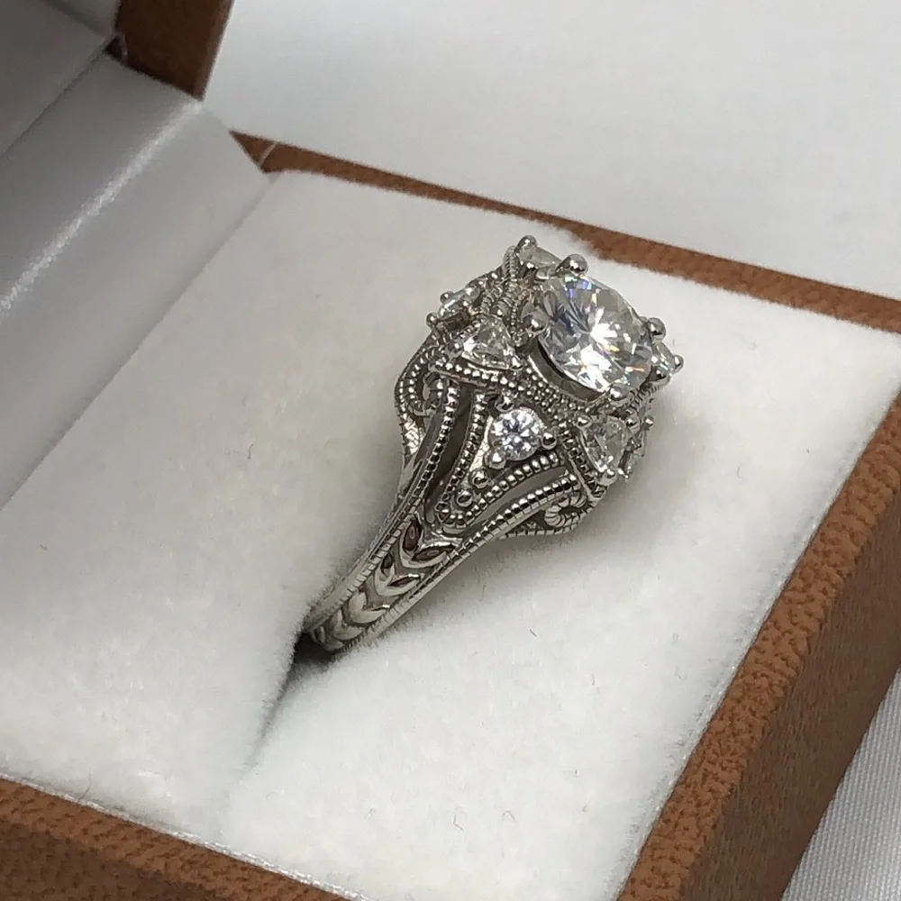Moissanite Engagement Ring Sterling Silver 925 Vintage Halo Filigree Bridal Sz 6